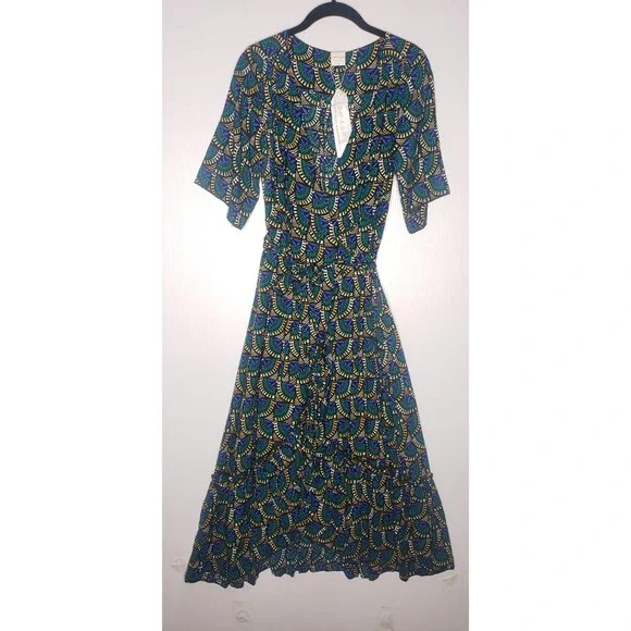 Silk & Salt Journey Maxi Wrap Dress African Peacock Print Green Blue NEW Medium - Picture 4 of 12